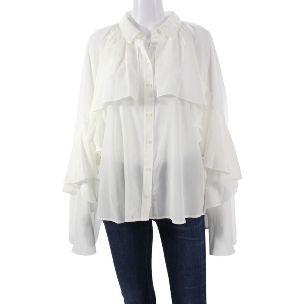 Veronica Beard Womens Collared Tunic Blouse White Long Sleeve Silk Size 14